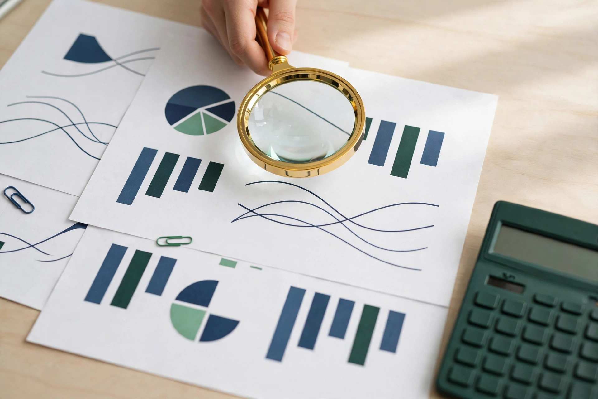 Hands reviewing a printed merchant statement with a magnifying glass and calculator on a desk