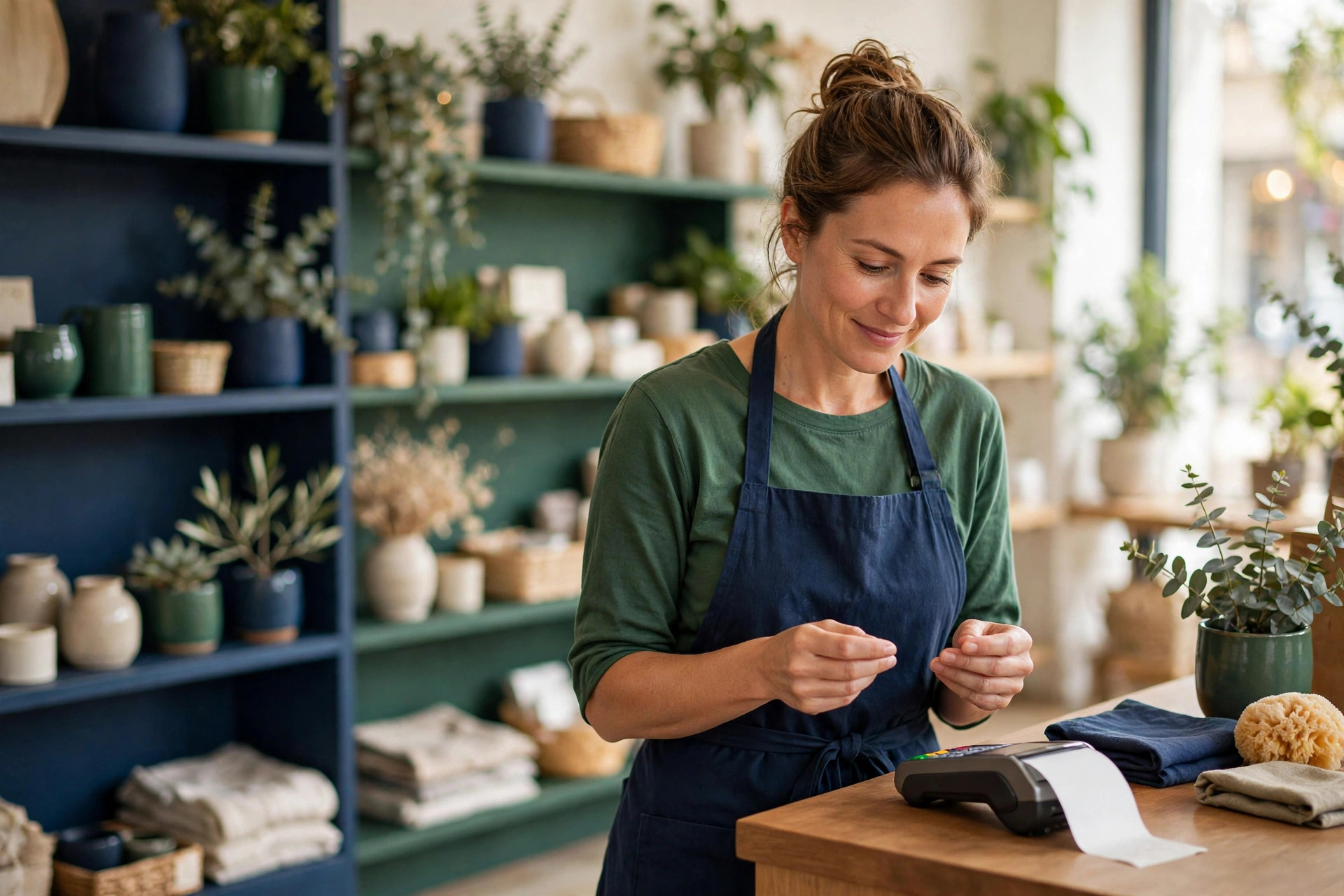 Small business owner reviewing card payments at a shop counter